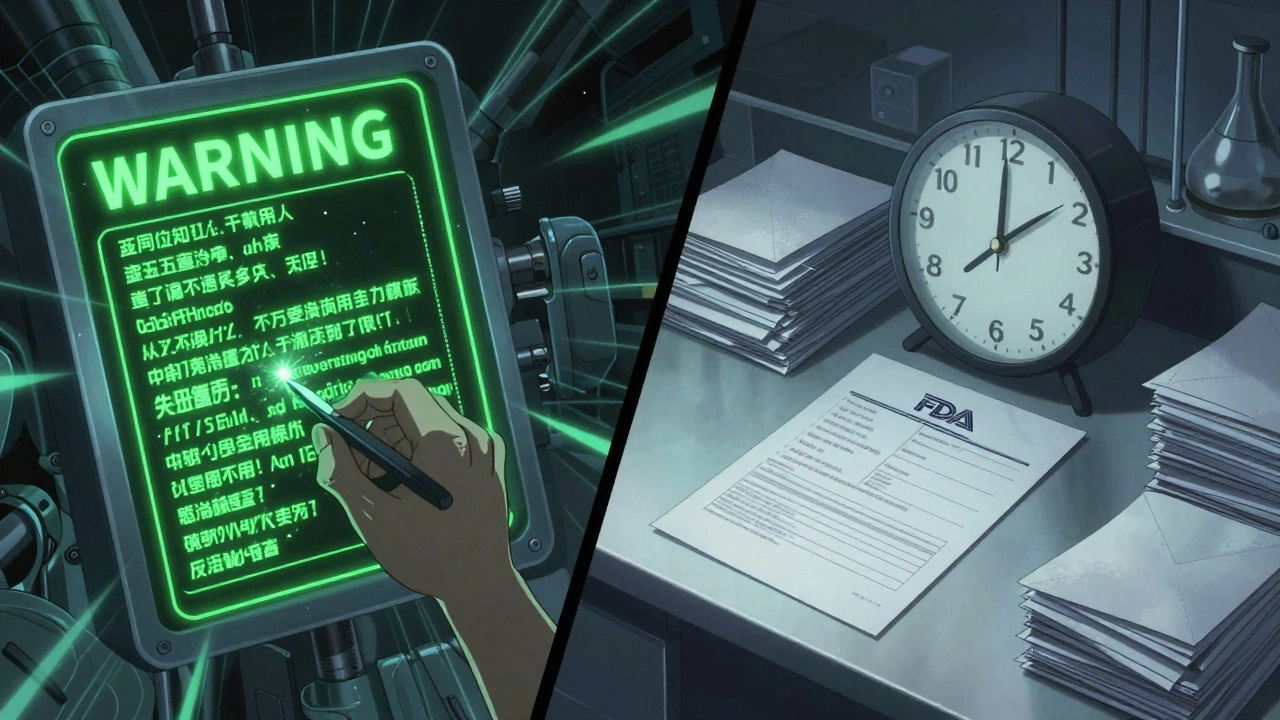 Split scene: brand drug label updating rapidly vs. generic label stuck in delay.
