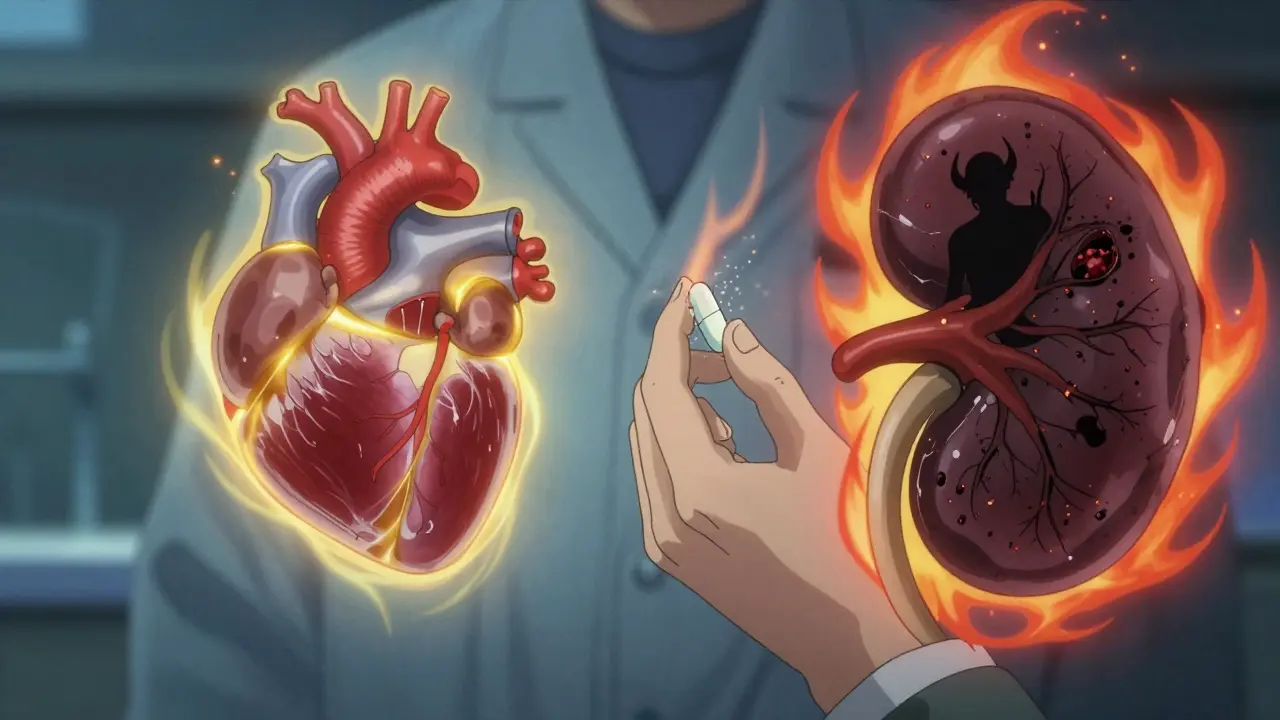Split scene: healthy heart and kidney on one side, necrotic kidney with demonic shadow on the other, person holding a pill between them.
