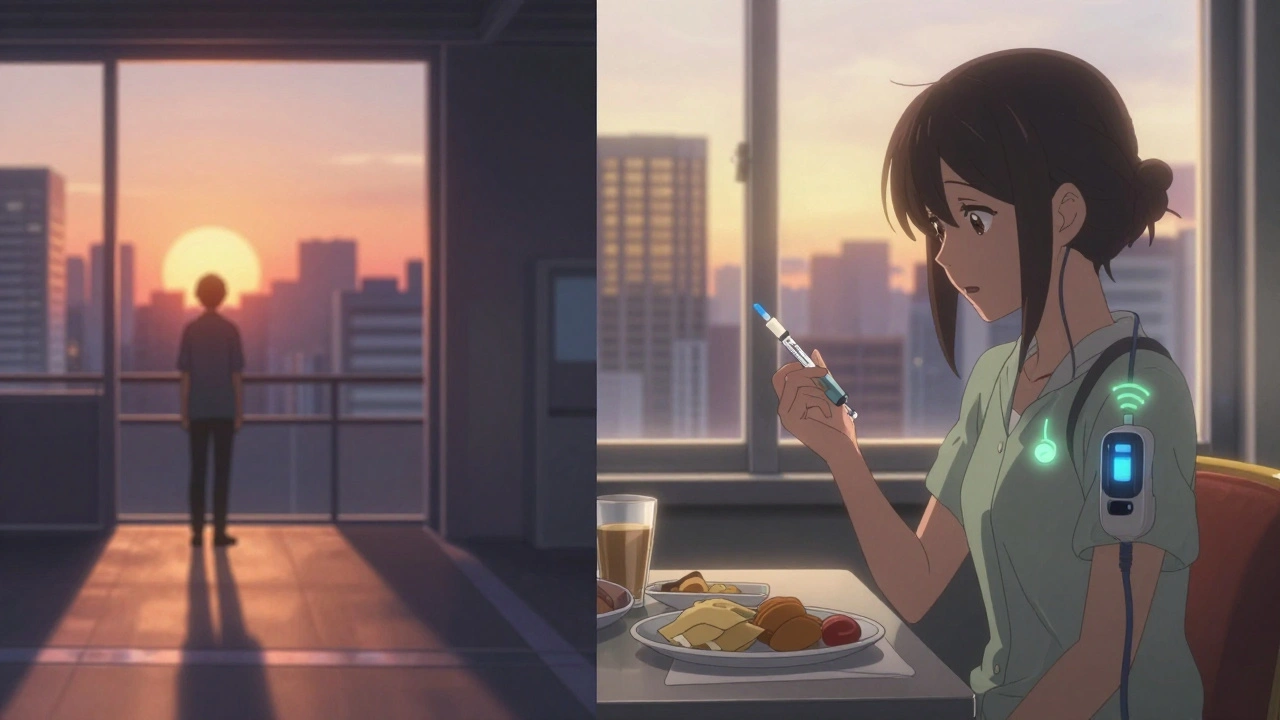 Split scene: person reducing insulin before eastbound flight and taking bolus after breakfast in Tokyo, golden morning light.