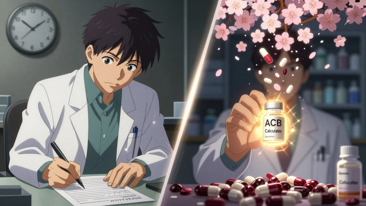Split-screen: doctor prescribing pills vs. pharmacist showing safe alternatives with glowing tablets and floating medications.