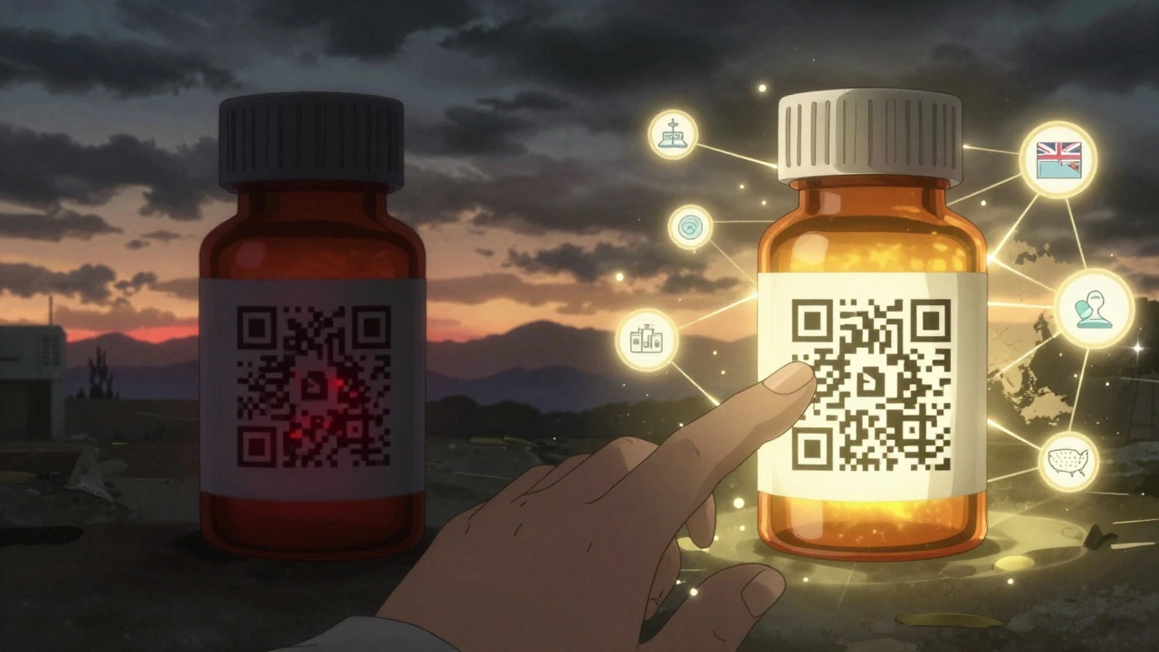 Split-screen: fake vs. legitimate drug QR code, one dangerous red, the other glowing golden with global connections.