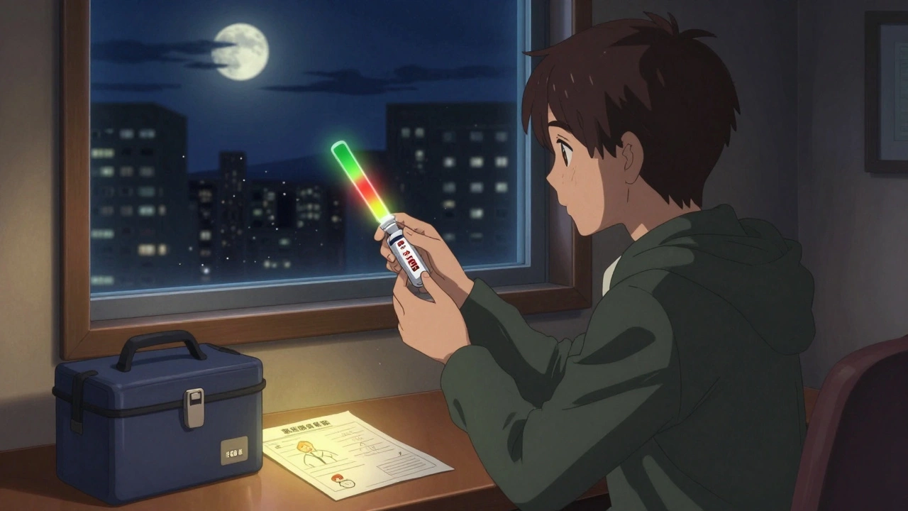 Traveler checking a temperature label on insulin vial in hotel room, backup meds and doctor’s note visible nearby.