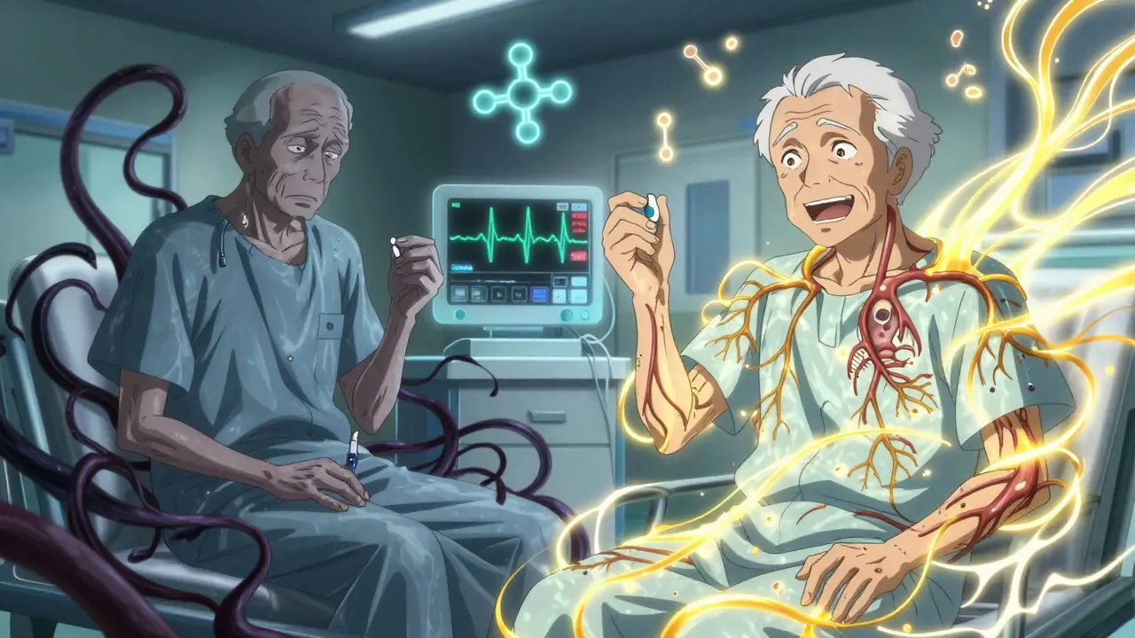 Two elderly patients side by side—one fatigued with propranolol, one energized with nebivolol—surrounded by glowing molecular pathways.