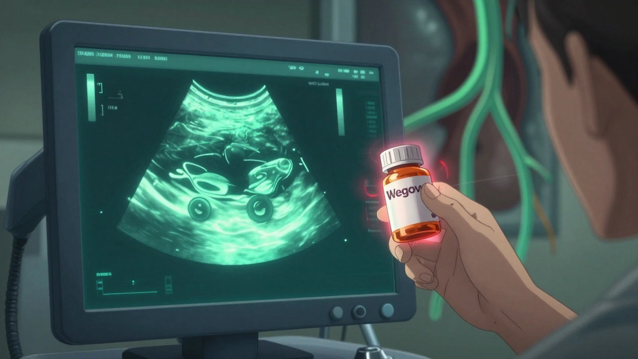 Ultrasound screen showing gallstones inside a stylized gallbladder, with a Wegovy pill nearby.