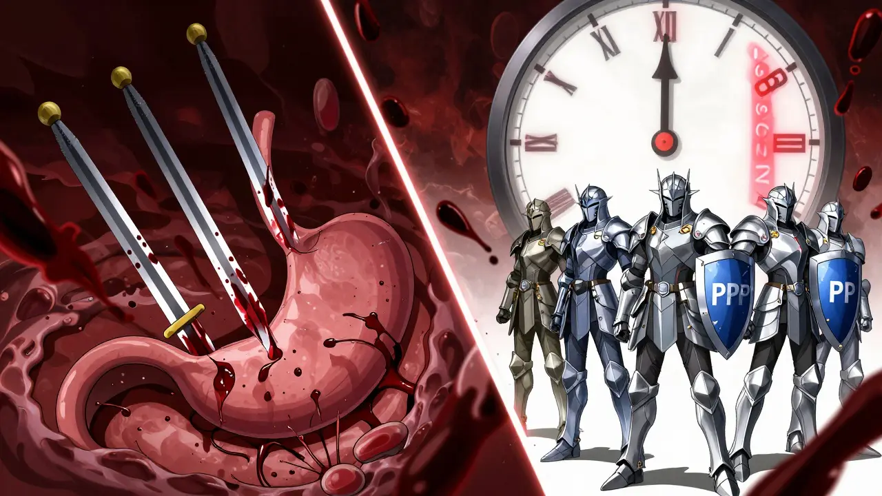 A battlefield split between dangerous NSAIDs and safer alternatives, with PPI shields and rising bleeding risk numbers.