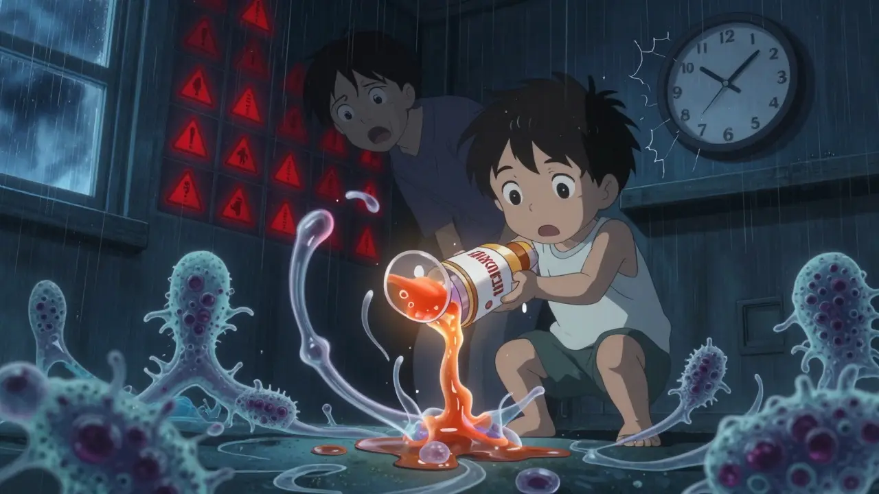 A child spills liquid antibiotic that transforms into ghostly bacteria, parent shocked in background.