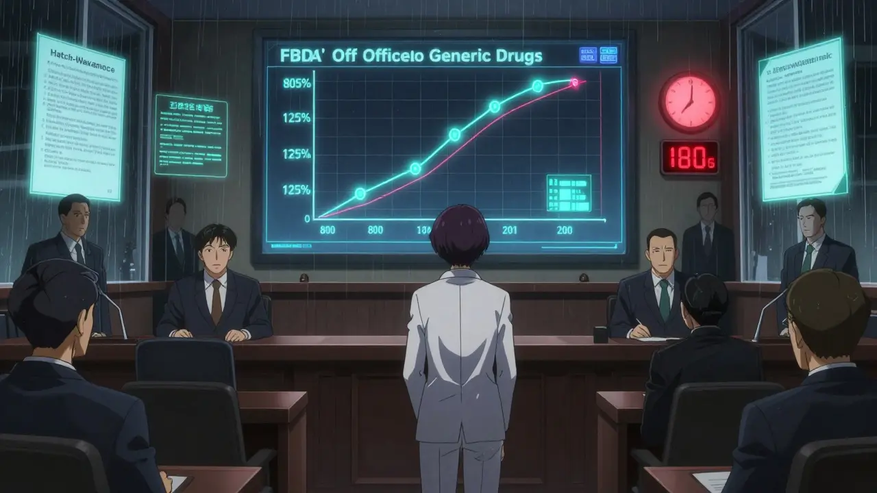 A generic drug developer facing FDA officials as bioequivalence data glows like neon runes.