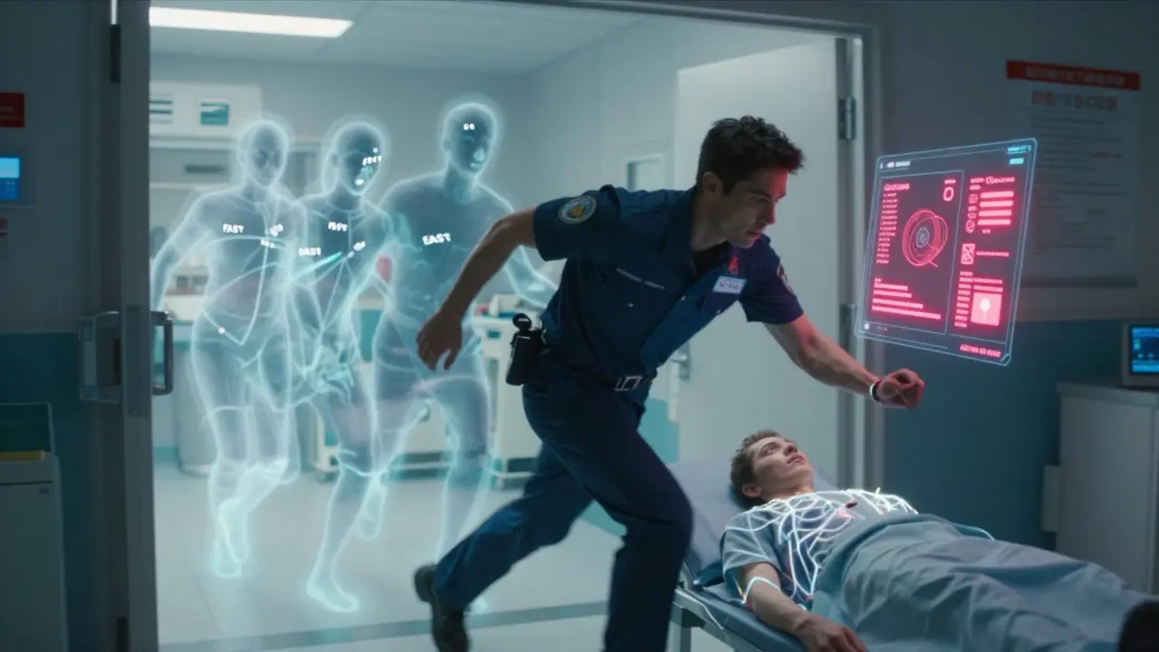 A paramedic rushing a patient into an ER, with ghostly FAST symptom visuals and floating AI scan alerts in anime style.
