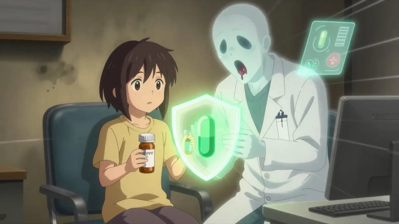 A patient in a doctor’s office with a ghostly ulcer behind them, protected by a glowing PPI pill.