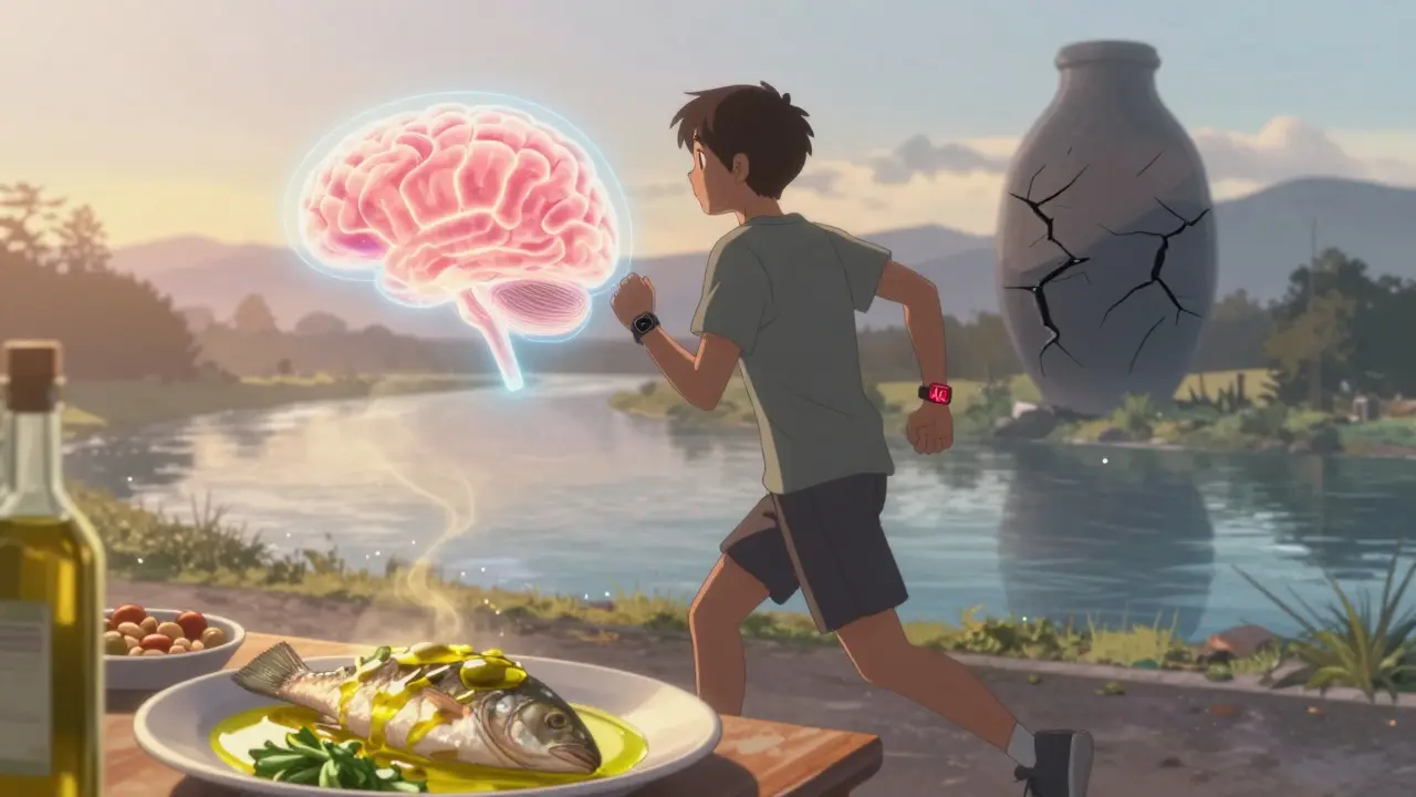 A person jogging at dawn with a glowing healthy brain overlay and a Mediterranean meal nearby, symbolizing stroke prevention.
