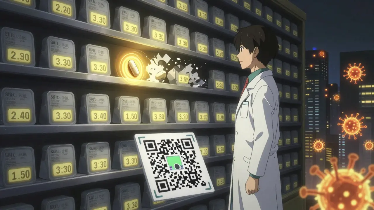 A pharmacist stands before a digital shelf of antibiotics, one pill glowing with full potency.