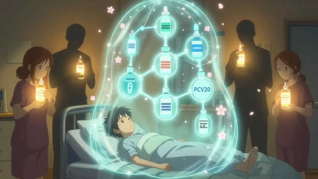 A protective shield of vaccines surrounds an immunocompromised patient while family members receive shots nearby.