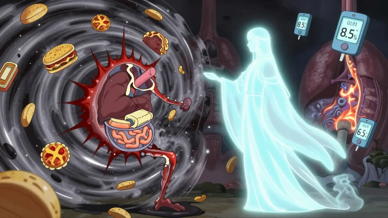 A symbolic battle between unhealthy cravings and GLP-1 agonists stabilizing metabolism.