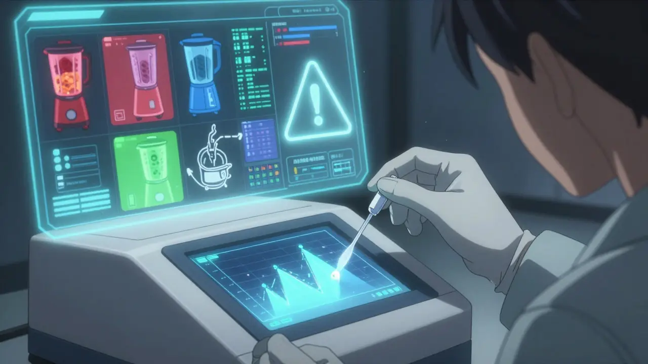A technician uses a rapid microbiological analyzer with holographic equipment color-coding visible in the background.
