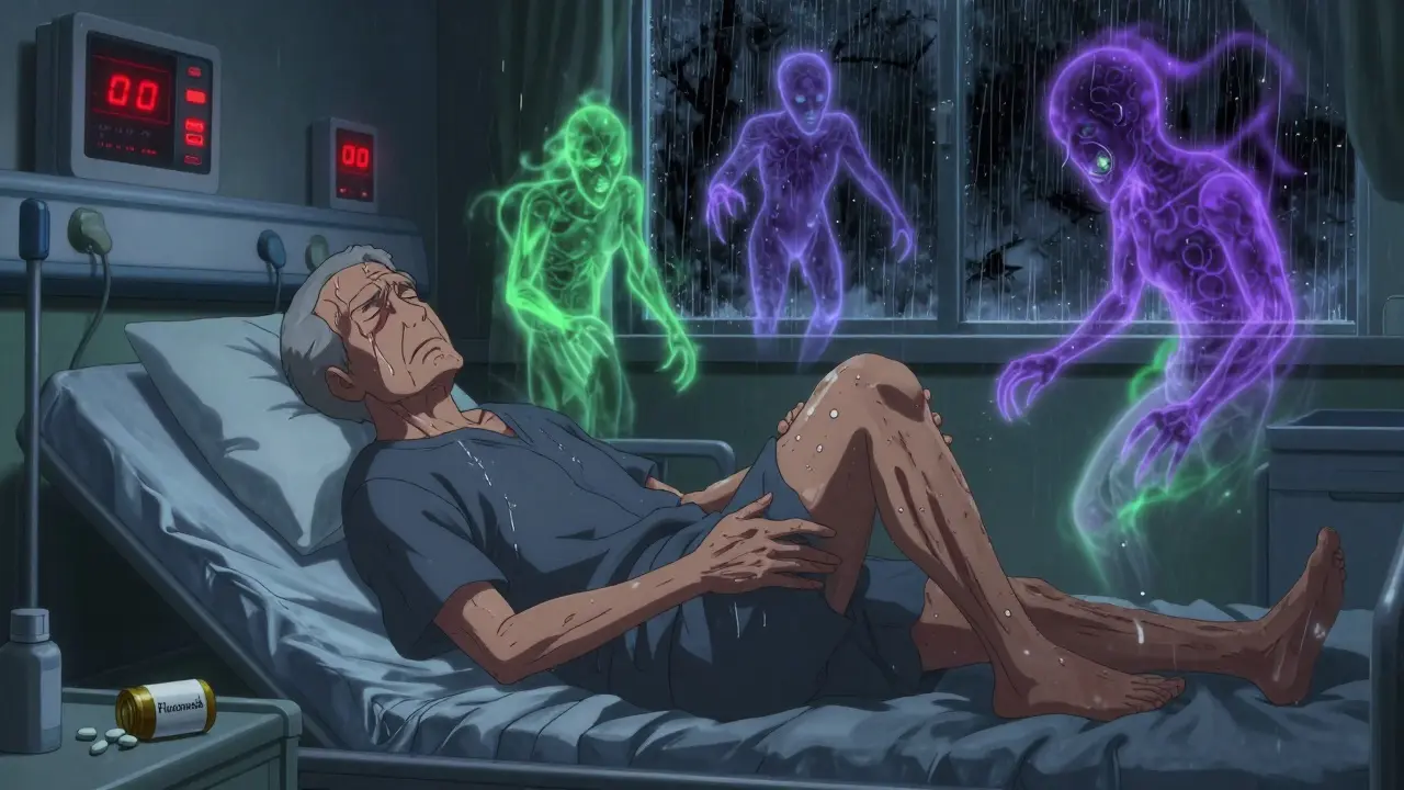 An elderly man in agony in a hospital bed as toxic molecules swirl above him.