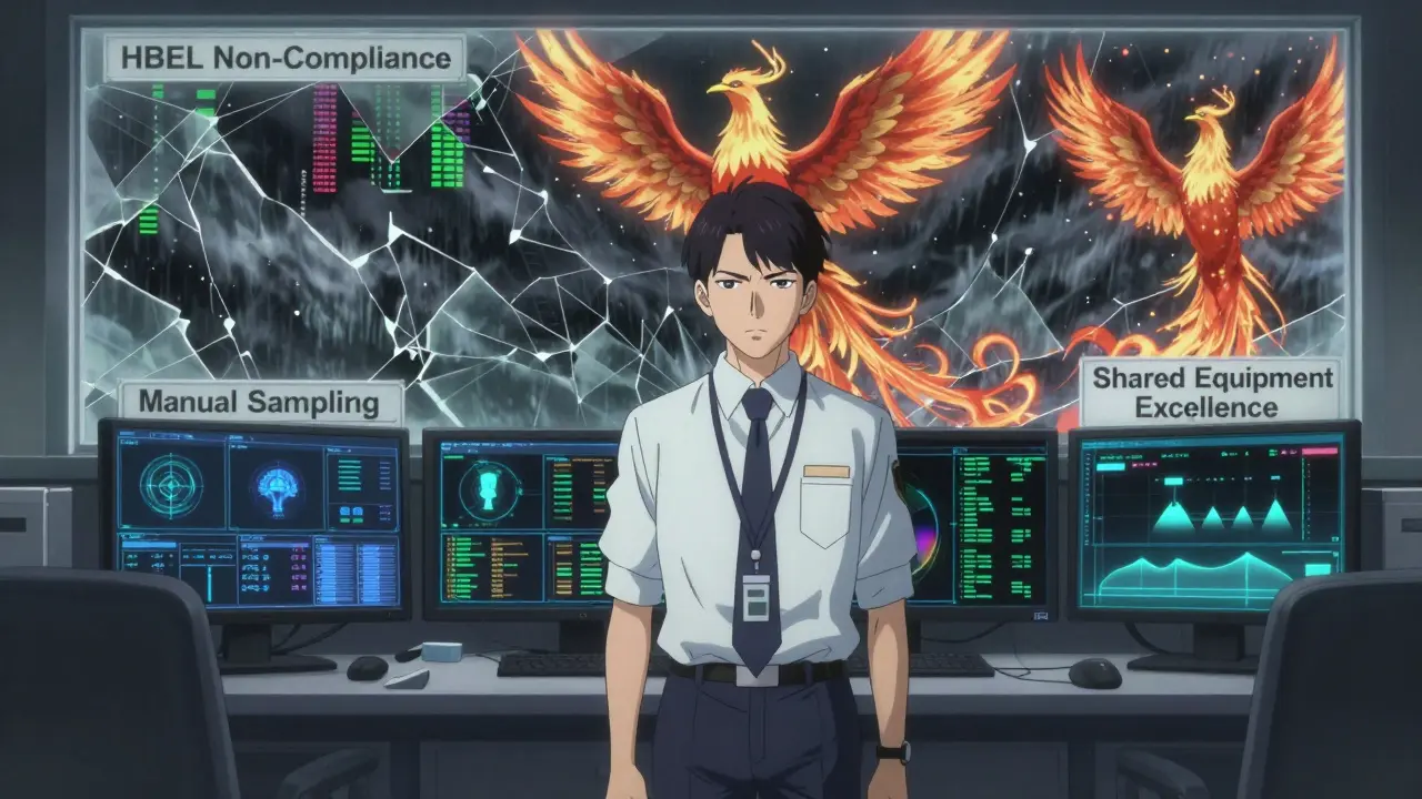 An FDA inspector faces a wall of monitoring dashboards as regulatory failures shatter into data fragments.