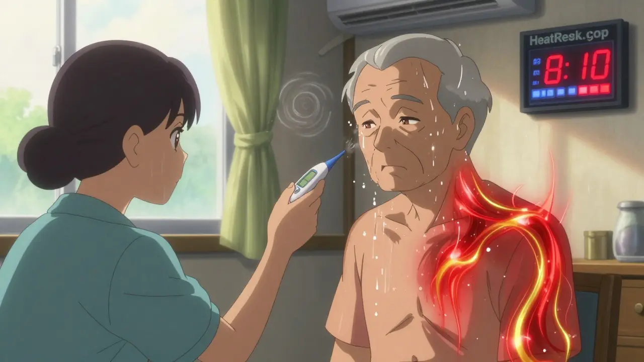 Caregiver checking senior's temperature as heat waves ripple around them indoors.