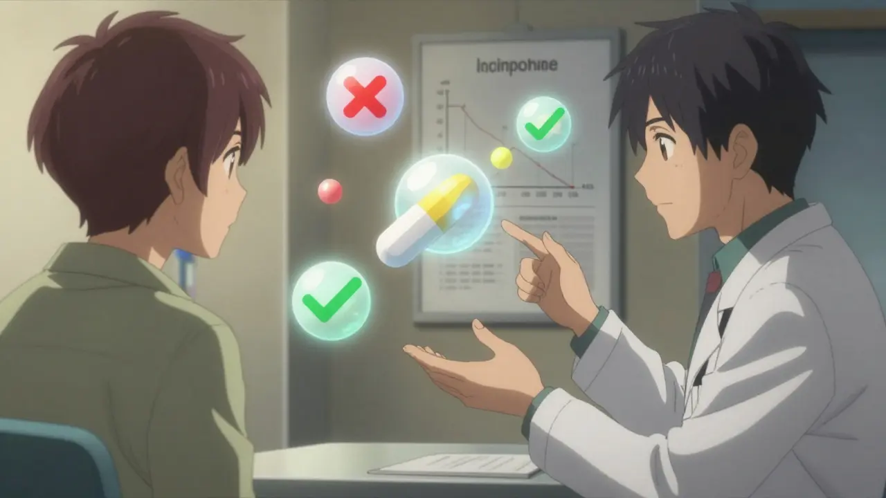 Doctor and patient discussing opioid options with glowing molecular icons representing nausea levels.