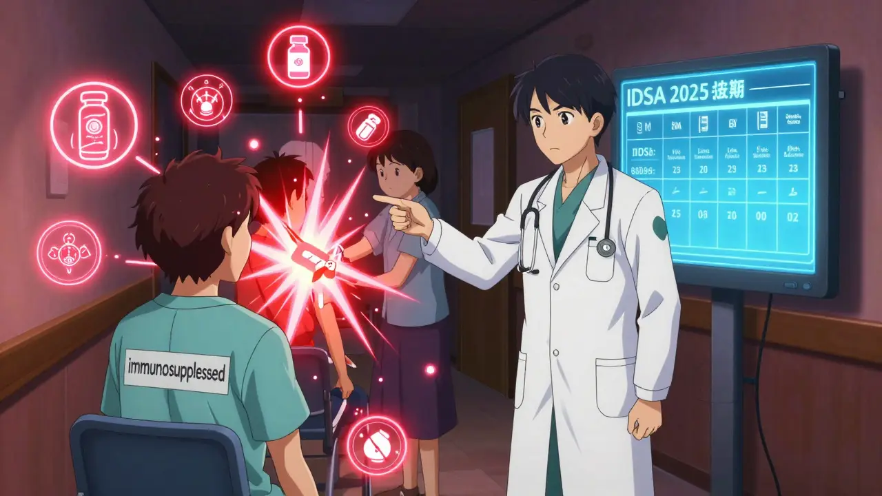 Doctor showing a digital vaccination schedule to a patient, with vaccine icons floating in the air.