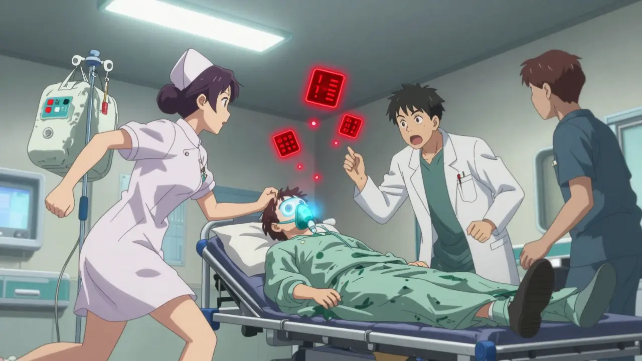 Emergency room scene with medical staff rushing, glowing vital signs, and dramatic lighting.