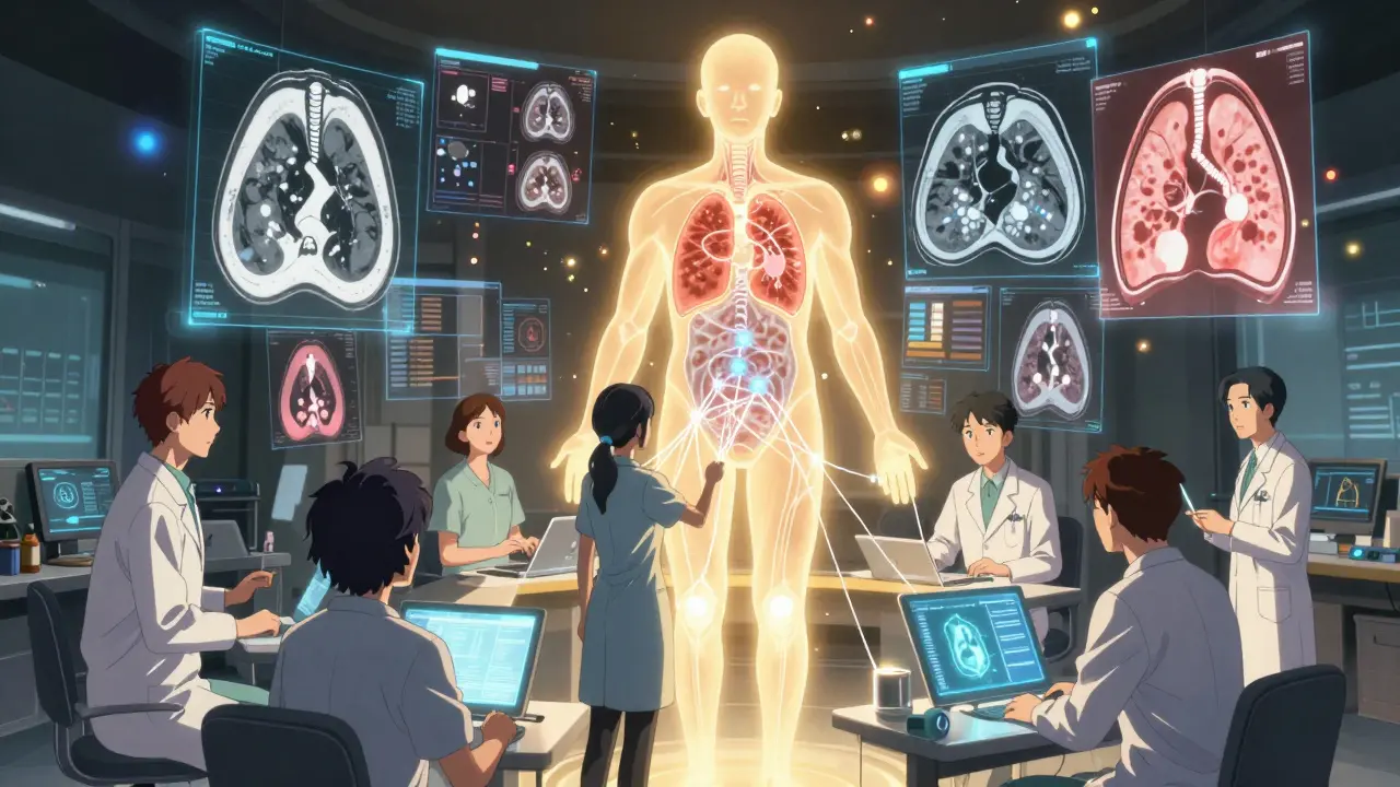 Medical team using holograms to unify diagnostic data of lupus, scleroderma, and myositis in a central body model.