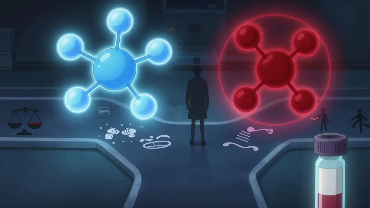 Molecular structures of two antipsychotics with symbolic paths representing side effects.