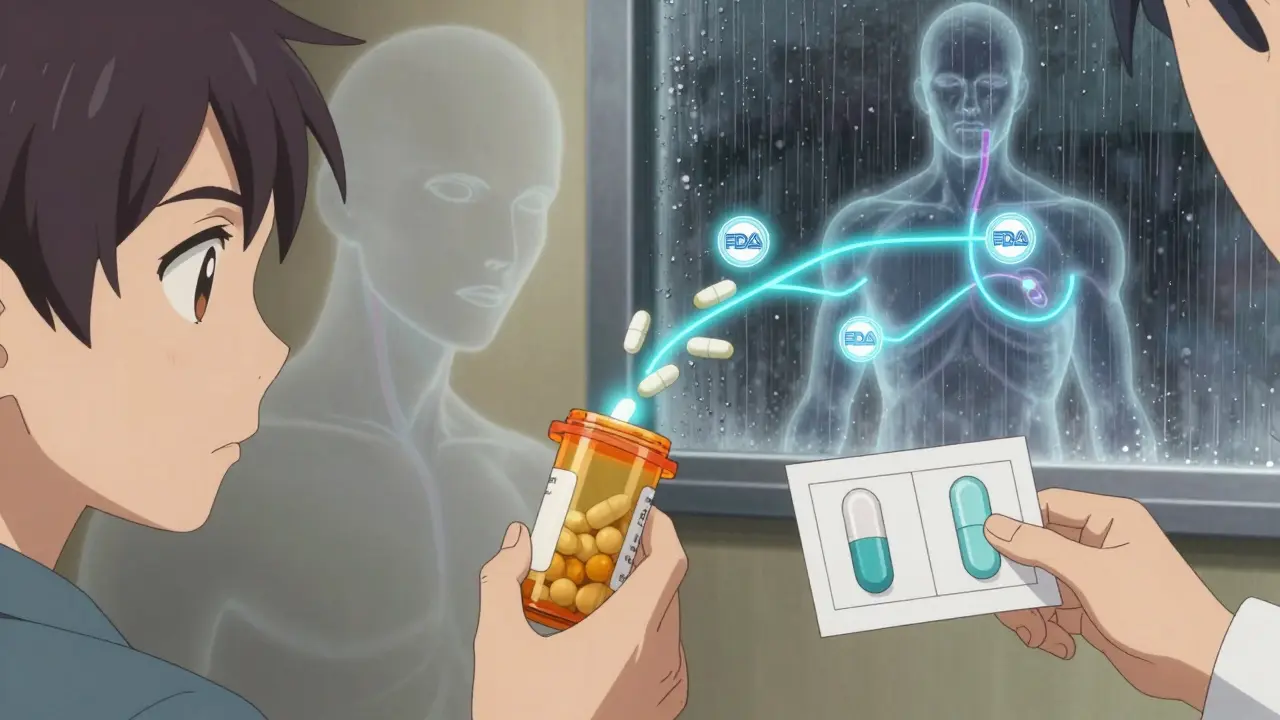 Patient hesitantly reaching for a pill bottle as ghostly images transform from brand to generic, with glowing bloodstream animation.