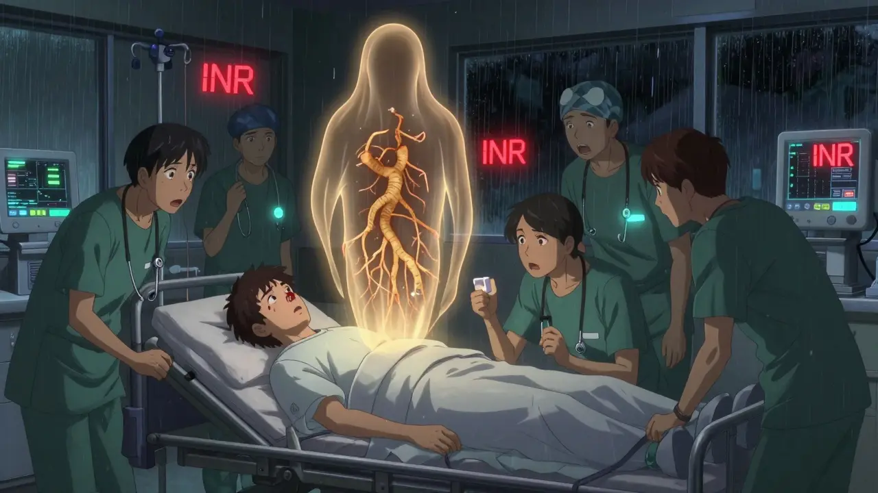 Patient in emergency room with bleeding and ghostly Dong Quai root casting amber light above.