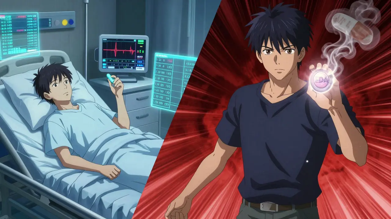 Patient on hospital bed with stable vitals, surrounded by data streams of large-scale generic drug studies.