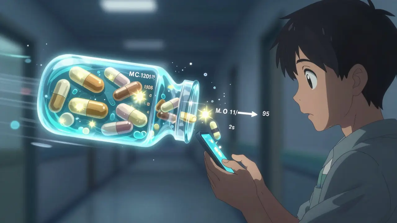 Patient scanning a pill bottle to reveal a 3D AR animation of both drugs dissolving identically.