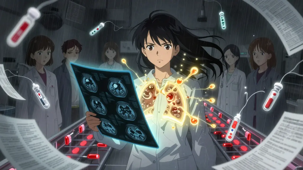 Patient with CT scan healing her lungs as tocilizumab molecules dissolve scar tissue, standing against a storm of medical chaos.