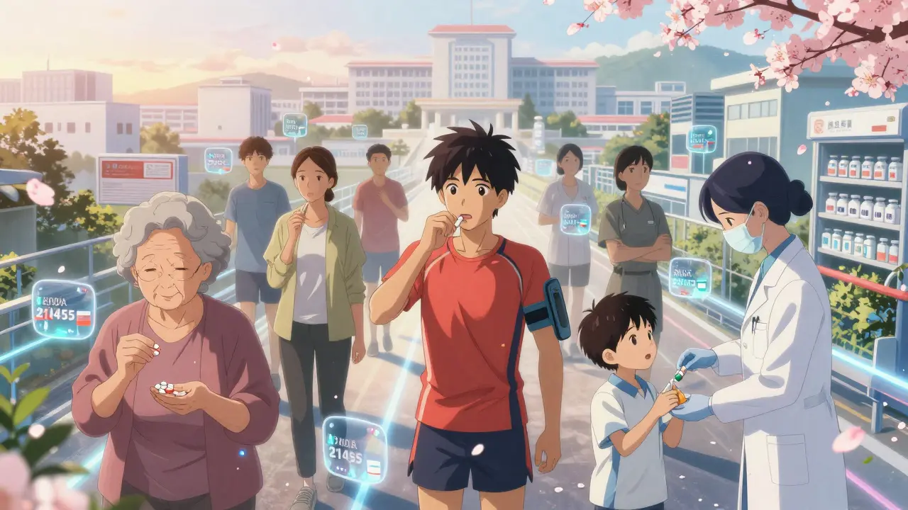 Patients from different walks of life receiving generic medications with floating approval numbers.