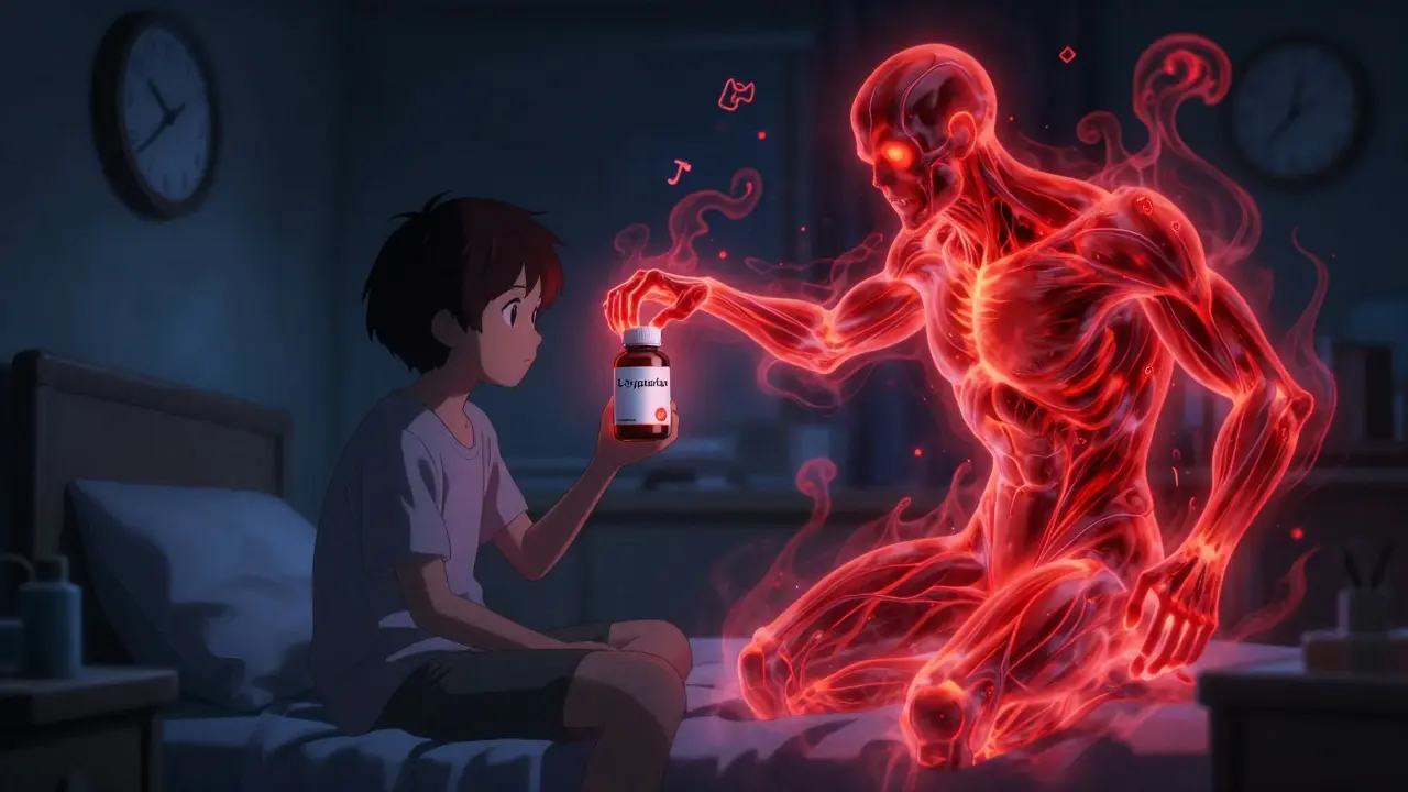 Person holding tryptophan supplement as spectral symptoms of serotonin syndrome rise around them at night.