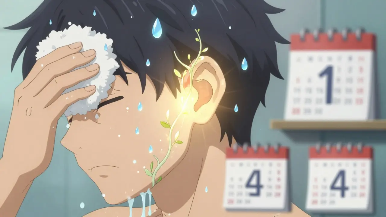 Person showering with cotton balls in ears, glowing tissue healing across eardrum, water droplets suspended in air.