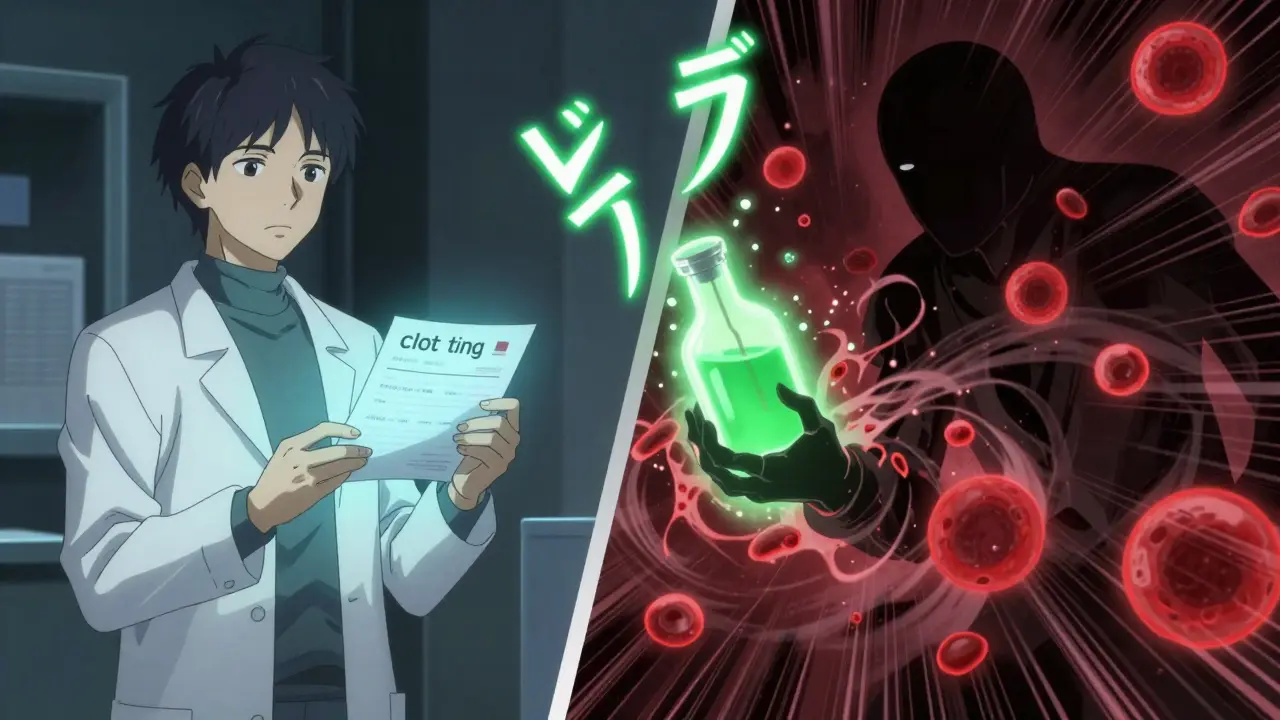 Pharmacist and shadowy figure opposing each other with clashing blood cell vortexes between them.