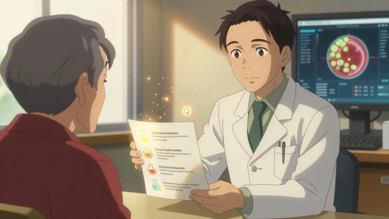 Pharmacist handing an animated infographic to an elderly patient, icons floating with explanations.