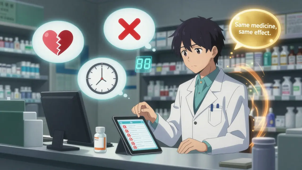 Pharmacist holding a pill bottle while floating thought bubbles reveal patient fears and a golden moment of understanding.