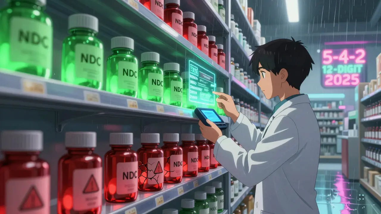 Pharmacy shelf with glowing NDC auras, technician scanning a bottle with a holographic display.
