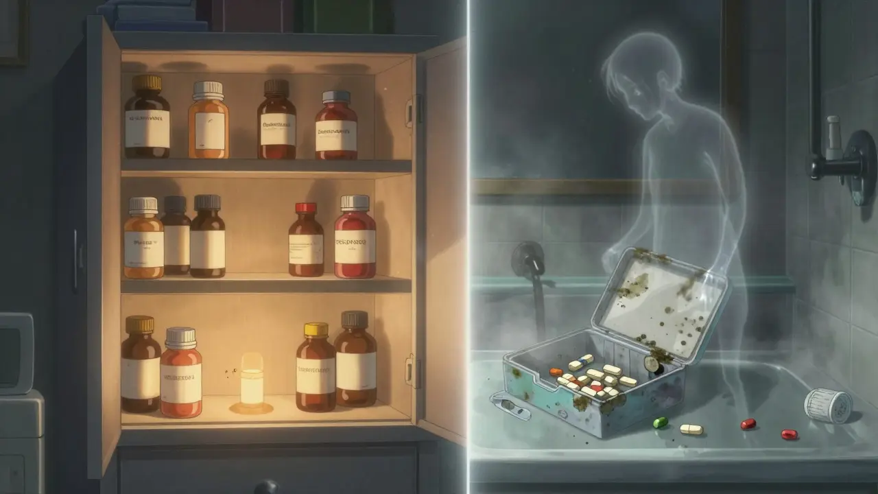 Safe medicine storage vs. dangerous expired drugs in bathroom vs. bedroom.