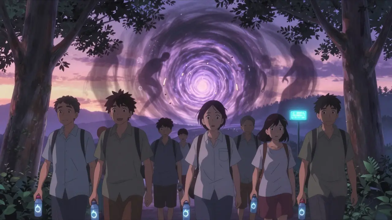 Seniors walking safely at dawn under shade, with dangerous heat and medications fading behind.