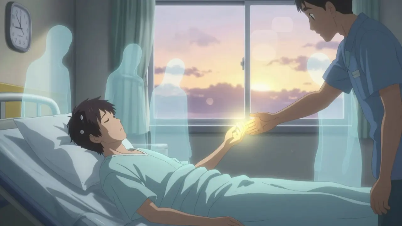 Sepsis survivor in ICU with ghostly symptoms hovering, therapist reaching out at dawn.