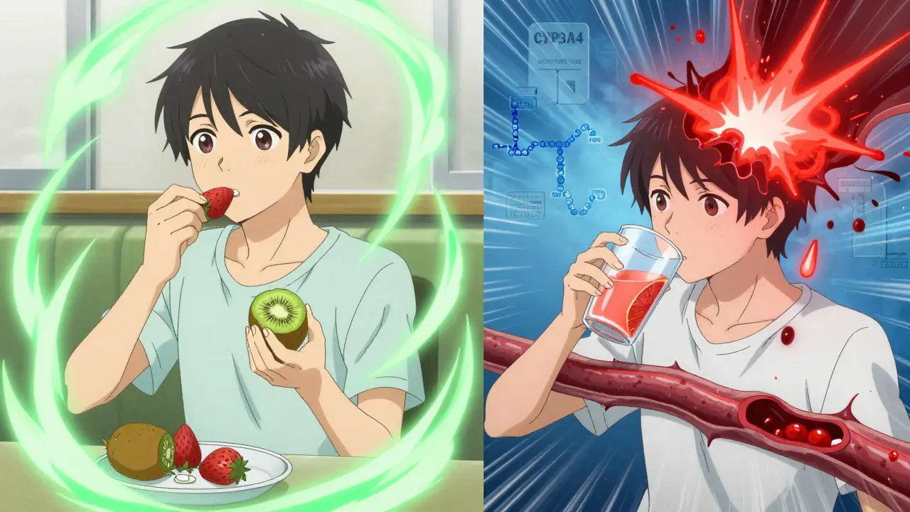 Side-by-side: safe citrus alternatives vs. dangerous grapefruit interaction with medical symbols.