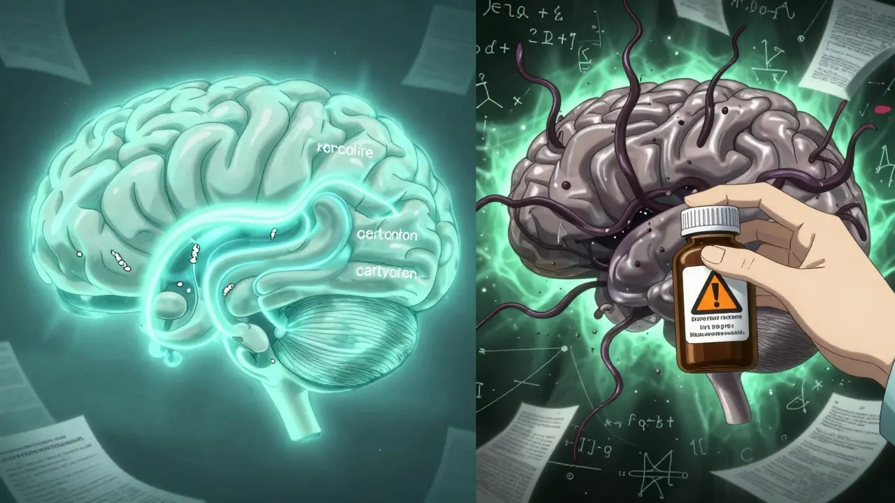 Split brain image: healthy serotonin flow vs toxic kynurenine pathways, with a psychiatrist adding a warning label.