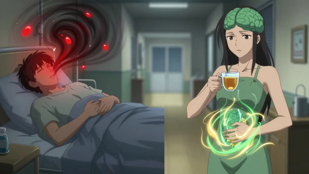 Split scene: person suffering from opioid nausea vs. person managing it with diet and timing.