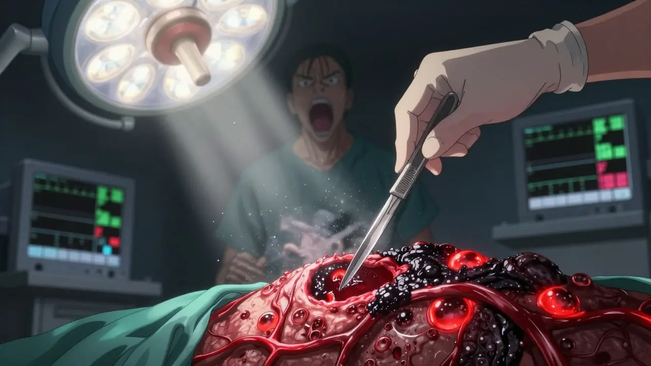 Surgeon’s hand holding scalpel above necrotic tissue with glowing veins and gas pockets.