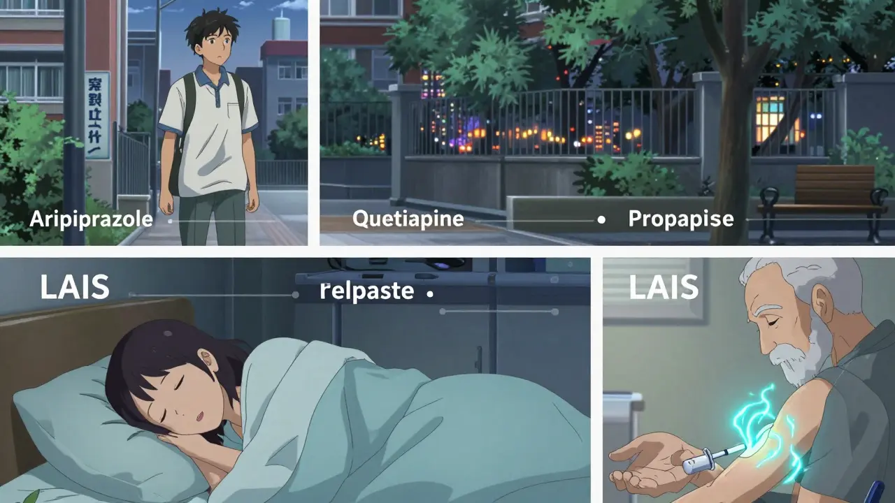 Three patients in daily life scenes, each representing different antipsychotic treatments.