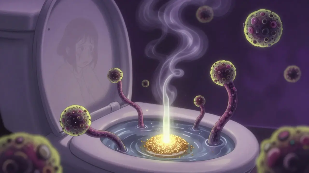 Urine stream glowing with sugar particles, monstrous bacteria tendrils rising from the toilet.
