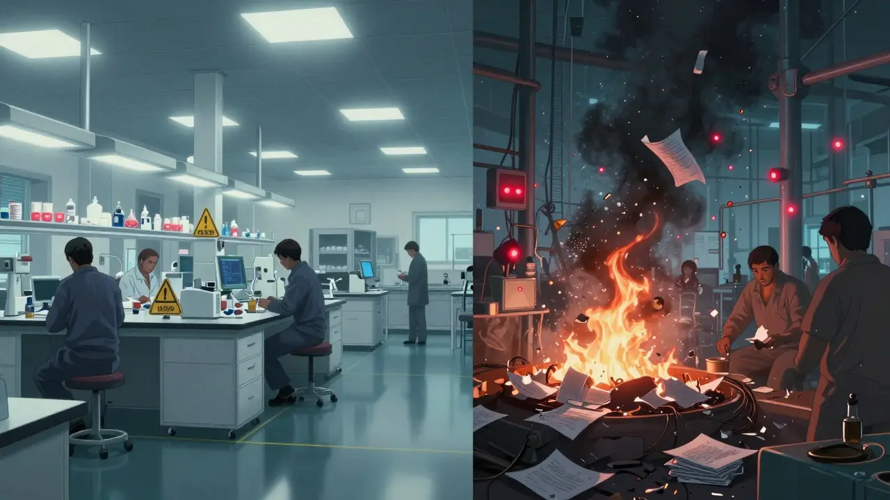 A chaotic drug factory with floating debris and burning documents beside a clean lab.