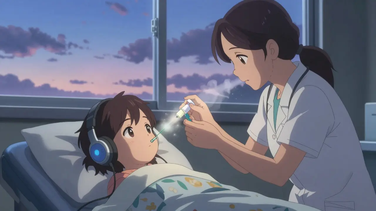 A child in a favorite blanket wears headphones in a pre-op room, nurse preparing nasal spray as twilight shines through the window.