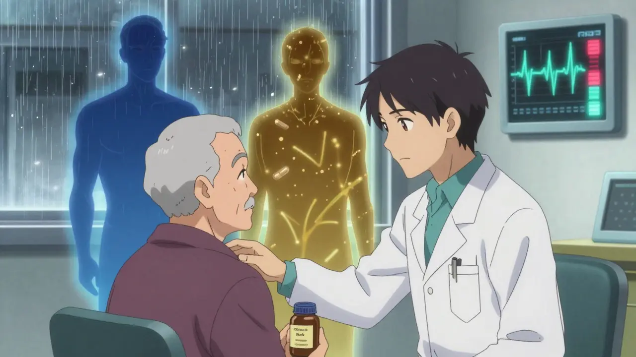 A doctor and patient with spectral representations of metformin and berberine clashing behind them.